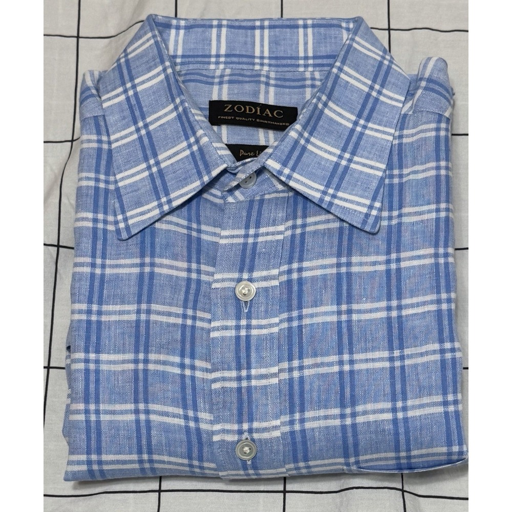 Zodiac 100% Pure Linen Dress Shirt Mens 16 1/2 - 42 Blue Long Sleeve Button Down